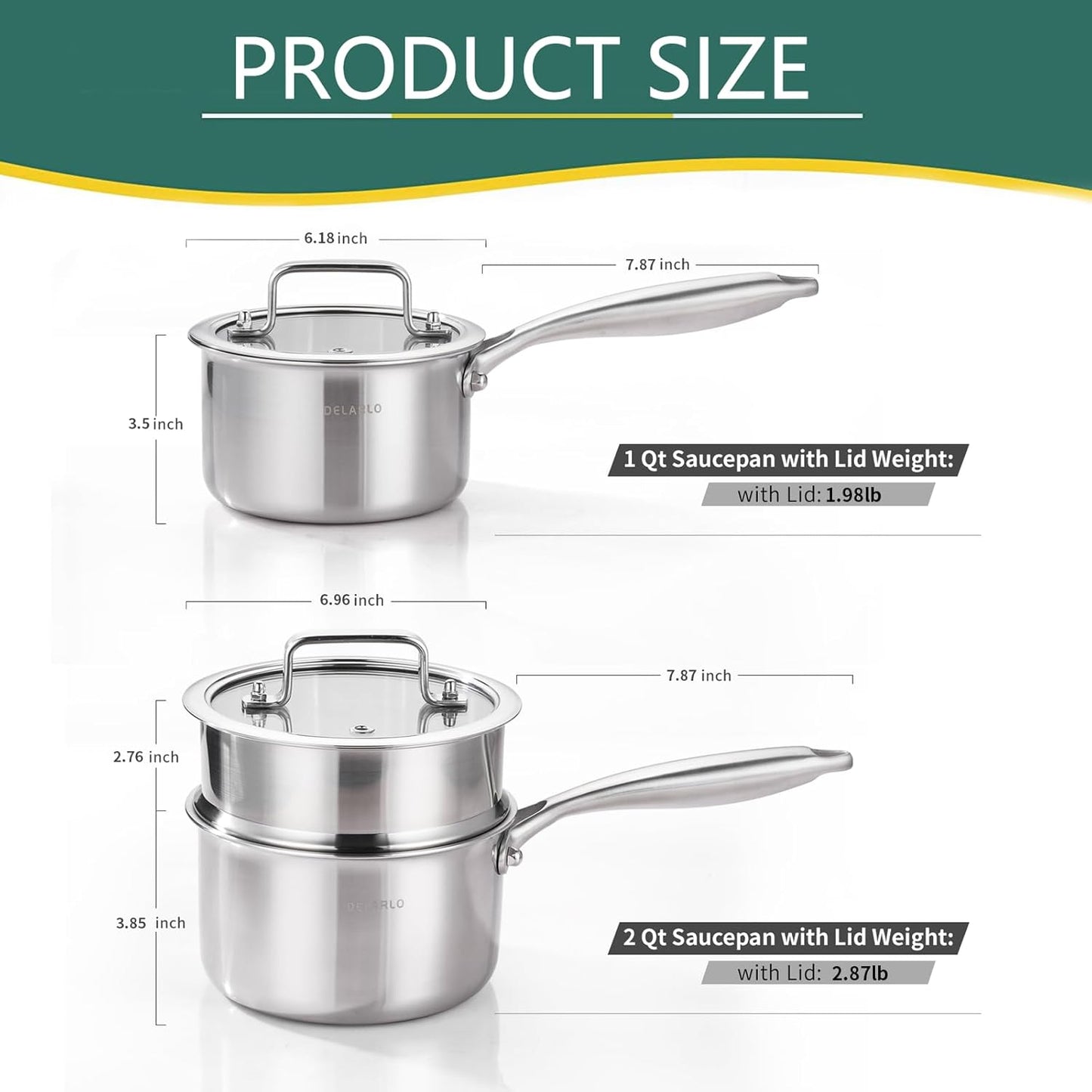 DELARLO Sauce Pan Sets, Compatible with All Cooktops 600℉, Full Clad Triply Stainless Steel Saucepan, 1QT Pot & 2 QT Pot with Steamer (Lids 300℉)