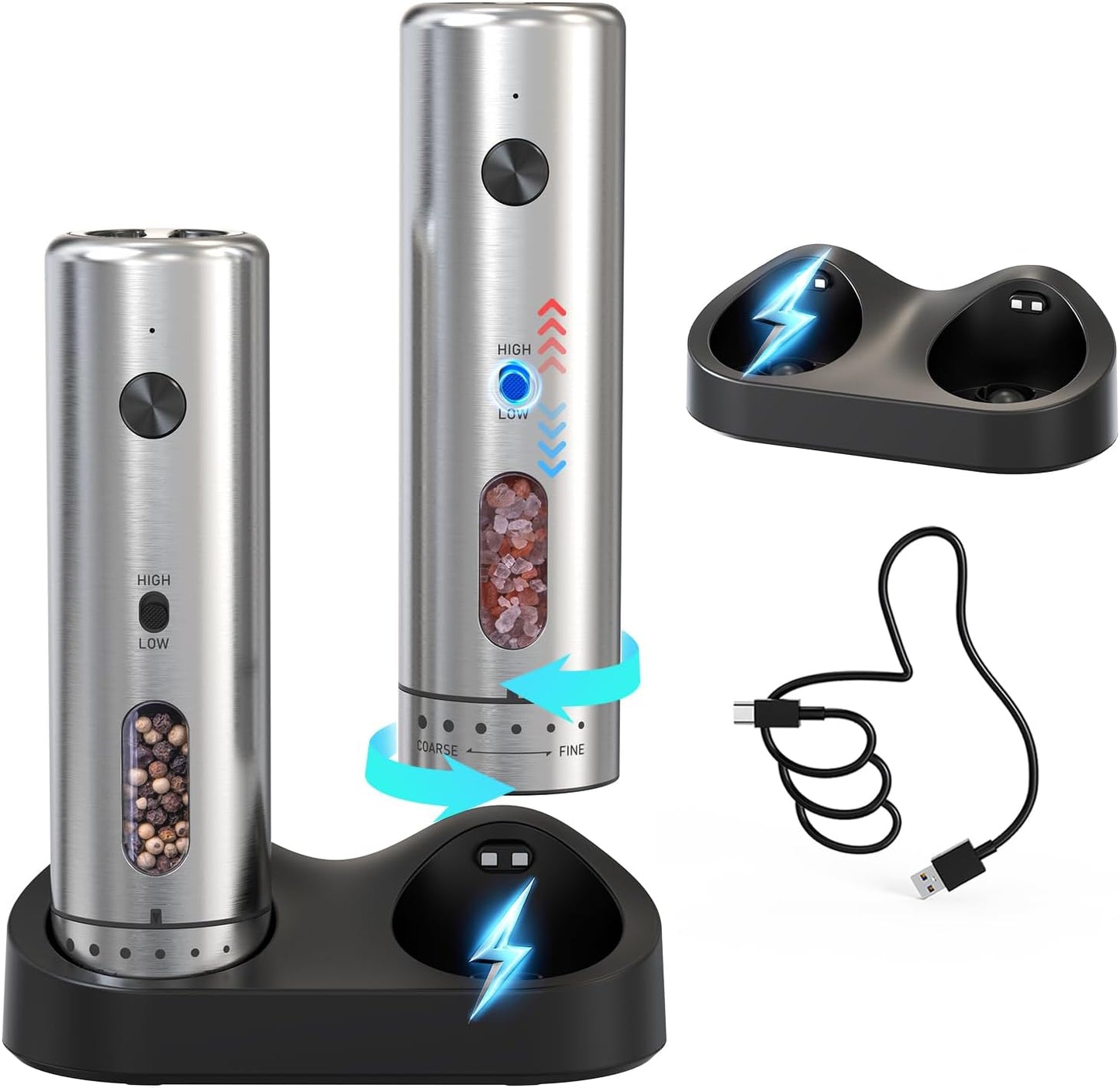 CIRCLE JOY Electric Salt and Pepper Grinder Set with Rechargeable Base Upgraded Stainless Steel Automatic Salt and Pepper Shakers with 2 Grinding Speeds, External Adjustment and 176ml Capacity, Silver
