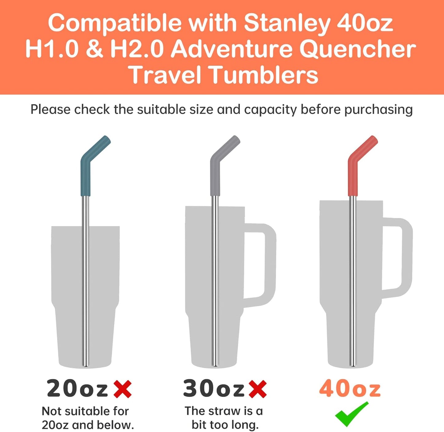 Tomorotec 6PCS Stainless Steel Straws with Silicone Tips Fit for Stanley 40oz Tumbler, 13-Inch Reusable Straw Set with Colorful Extenders & 2 Brushes, Compatible with Wide Mouth Cups (Dark Morandi)