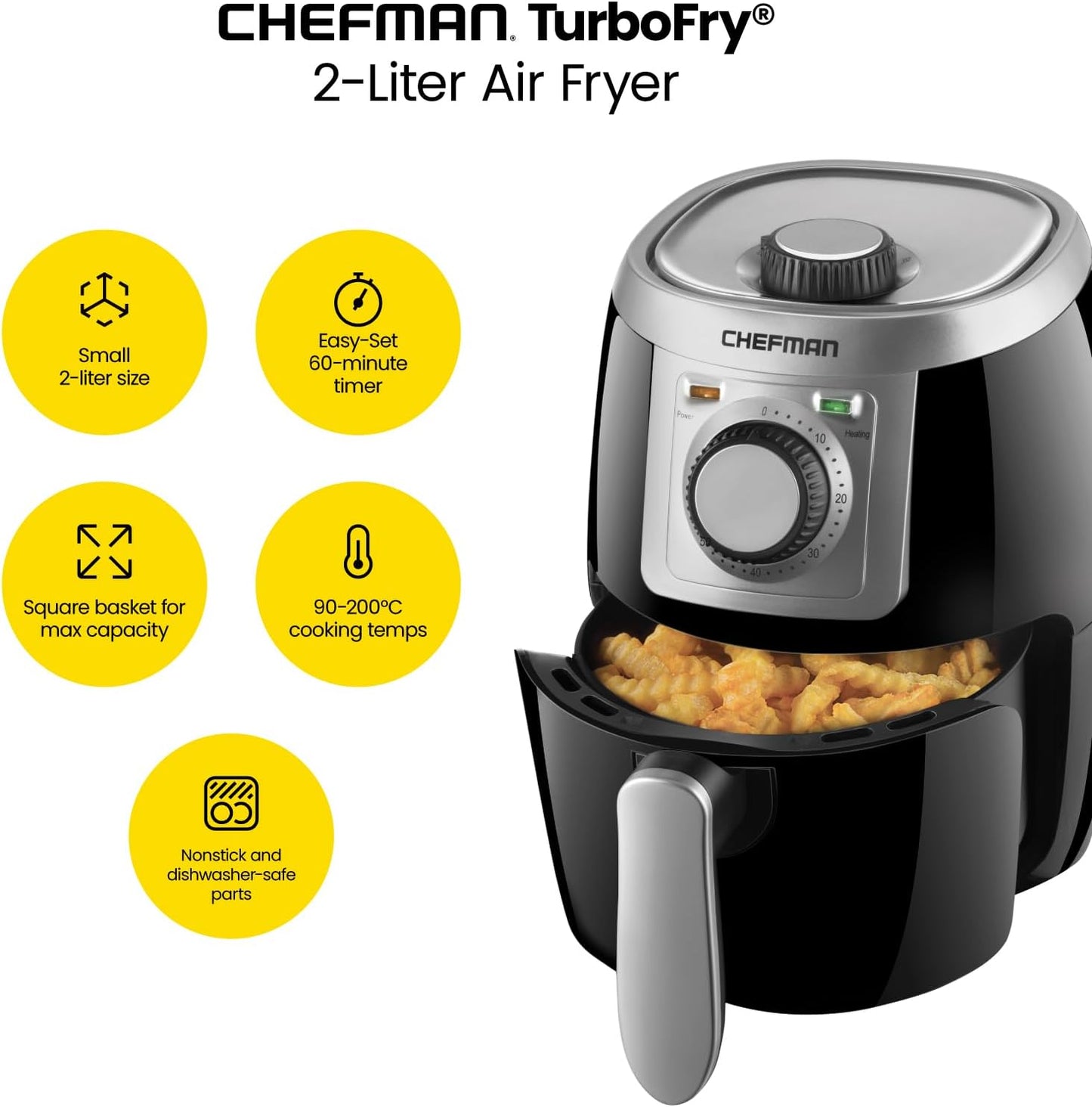 CHEFMAN Small, Compact Air Fryer Healthy Cooking, 2 Qt, Nonstick, User Friendly and Adjustable Temperature Control w/ 60 Minute Timer & Auto Shutoff, Dishwasher Safe Basket, BPA - Free, Black