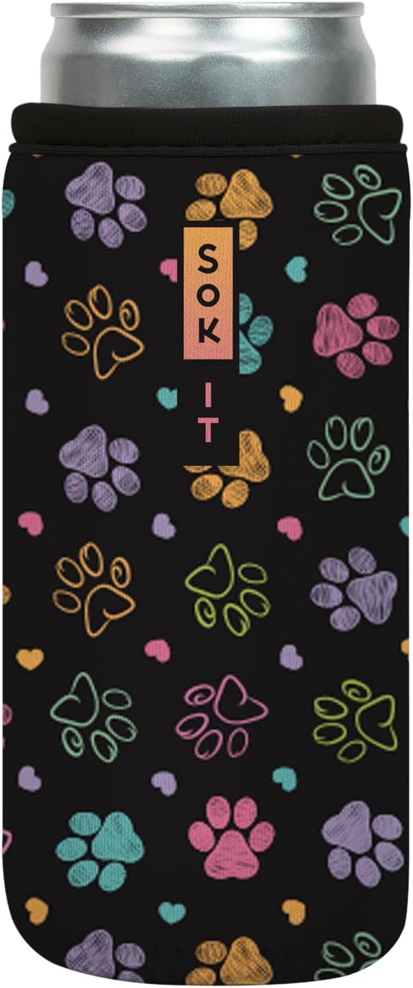 Sok It CanSok Sleeve for Beer & Soda Insulated Neoprene Cover (Furry Footprints, 12oz Slim Can Sleeve)