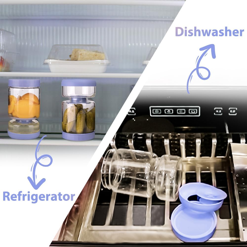 Pickle Jar with Strainer Flip for Pickle Juice Separator from Wet and Dry, Upgrade Food-grade ABS Lid and BPA Free Hourglass Pickle Jar for Airtight Food Storage, Haze Blue