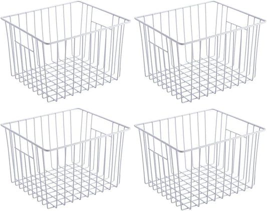 SANNO Freezer Wire Storage Organizer Basket, Refrigerator Storage Baskets Bins Organizer with Built-in Handles for Cabinets, Pantry, Closets, Bedrooms 4 Pack 11"x10"x 7" White