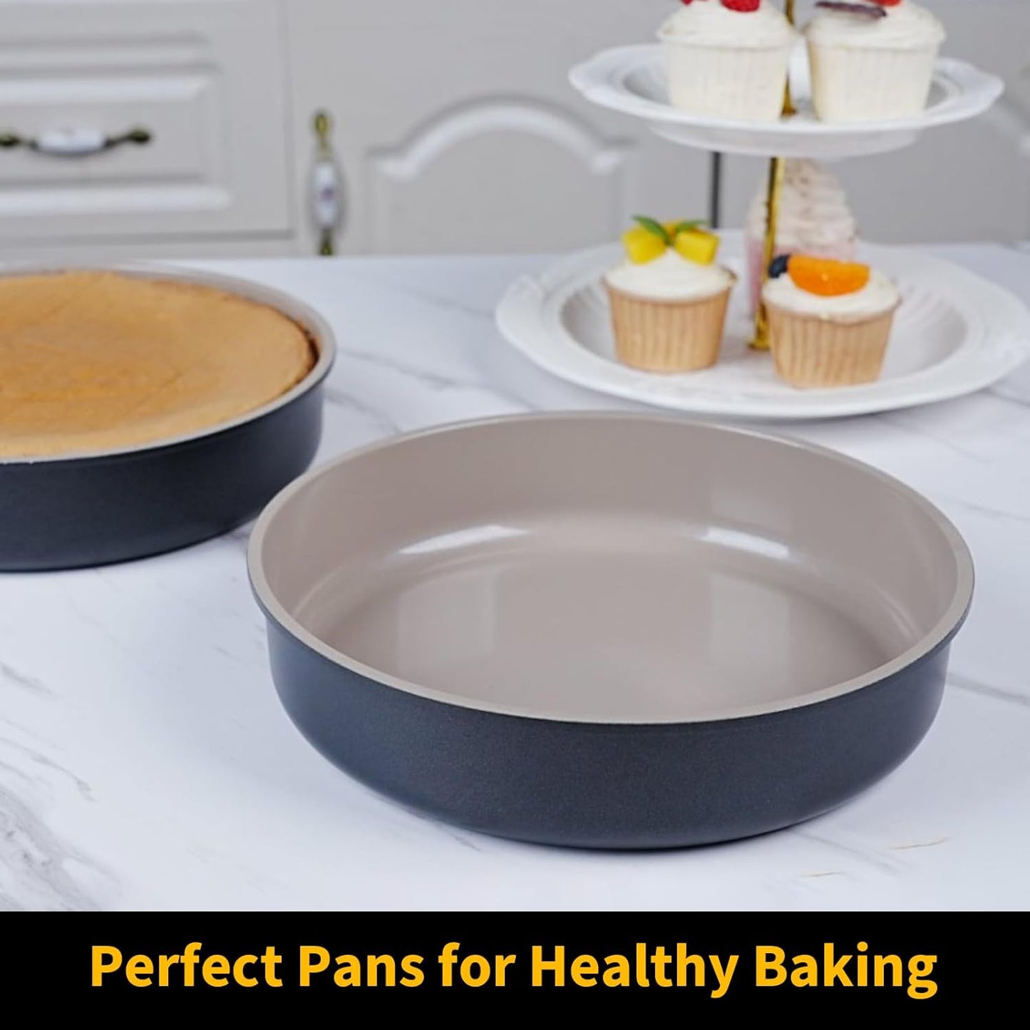 9.5 Inch Round Cake Pan Set of 2,Cast Aluminum Bakeware Ceramic Nonstick Oven and Dishwasher Safe(Black)
