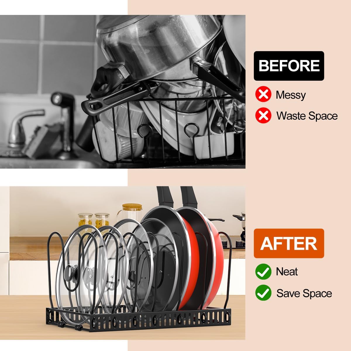 Housolution Pot and Pan Organizer Rack for Cabinet, Pot Lid Organizer with 7 Adjustable Dividers, Pan Holder Storage Rack for Kitchen Cabinet, Black