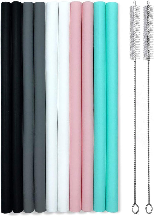 Silicone Straws Set of 10 Straight Smoothies Straws Large Silicon Reusable Drinking Straws with Cleaning Brushes Extra Long for 20oz and 30oz Tumbler - Flexible
