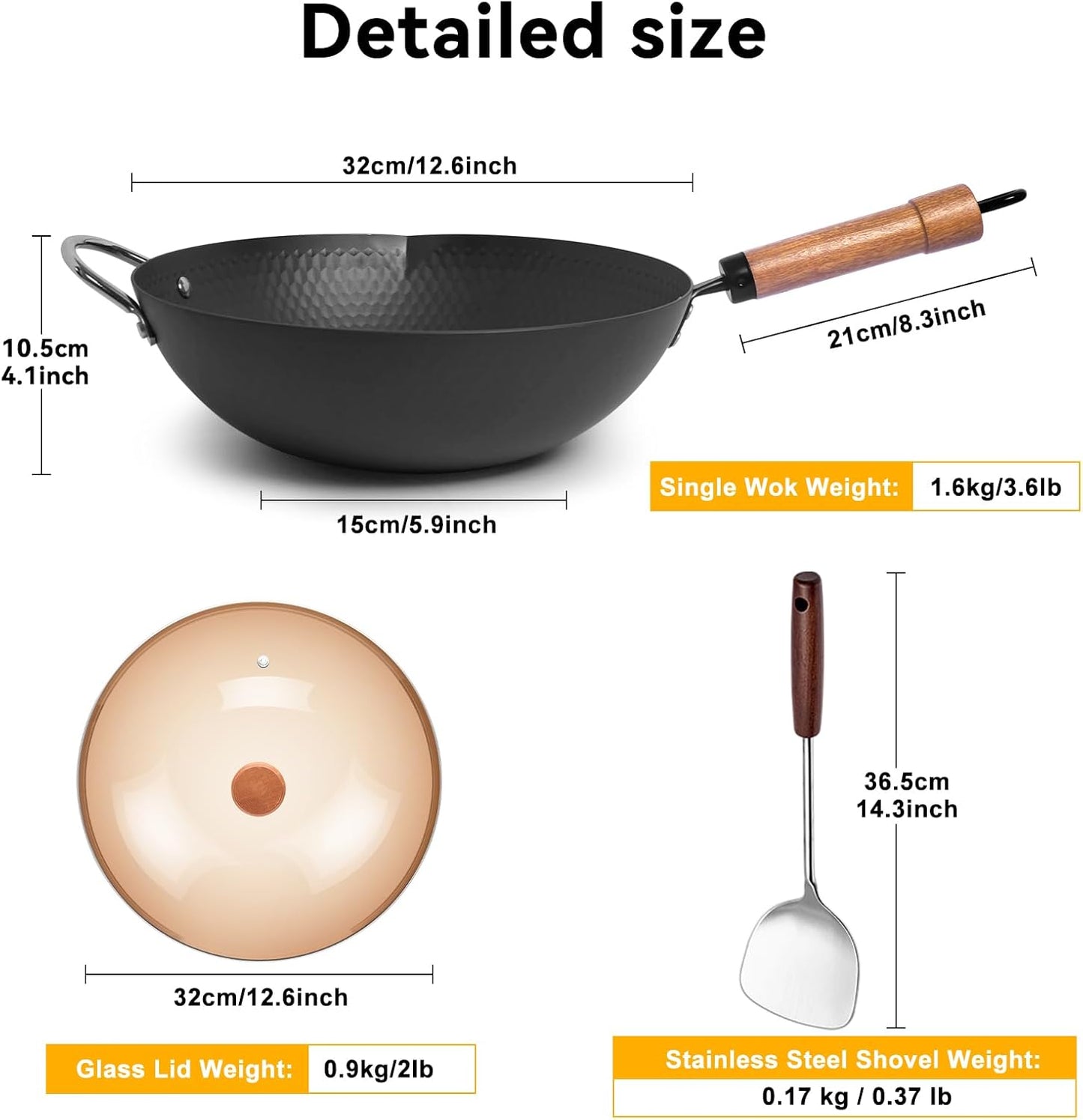 WANGYUANJI 12.6" Wok with Lid, Flat Bottom Nonstick Wok Pan for Induction Cooktop, Stir Fry Woks & Pans for Cooking