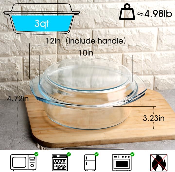 NUTRIUPS 3QT Round Glass Casserole Dish with Lid, Tempered Glass, 10inch Large Glass Microwave Bowls with Lid
