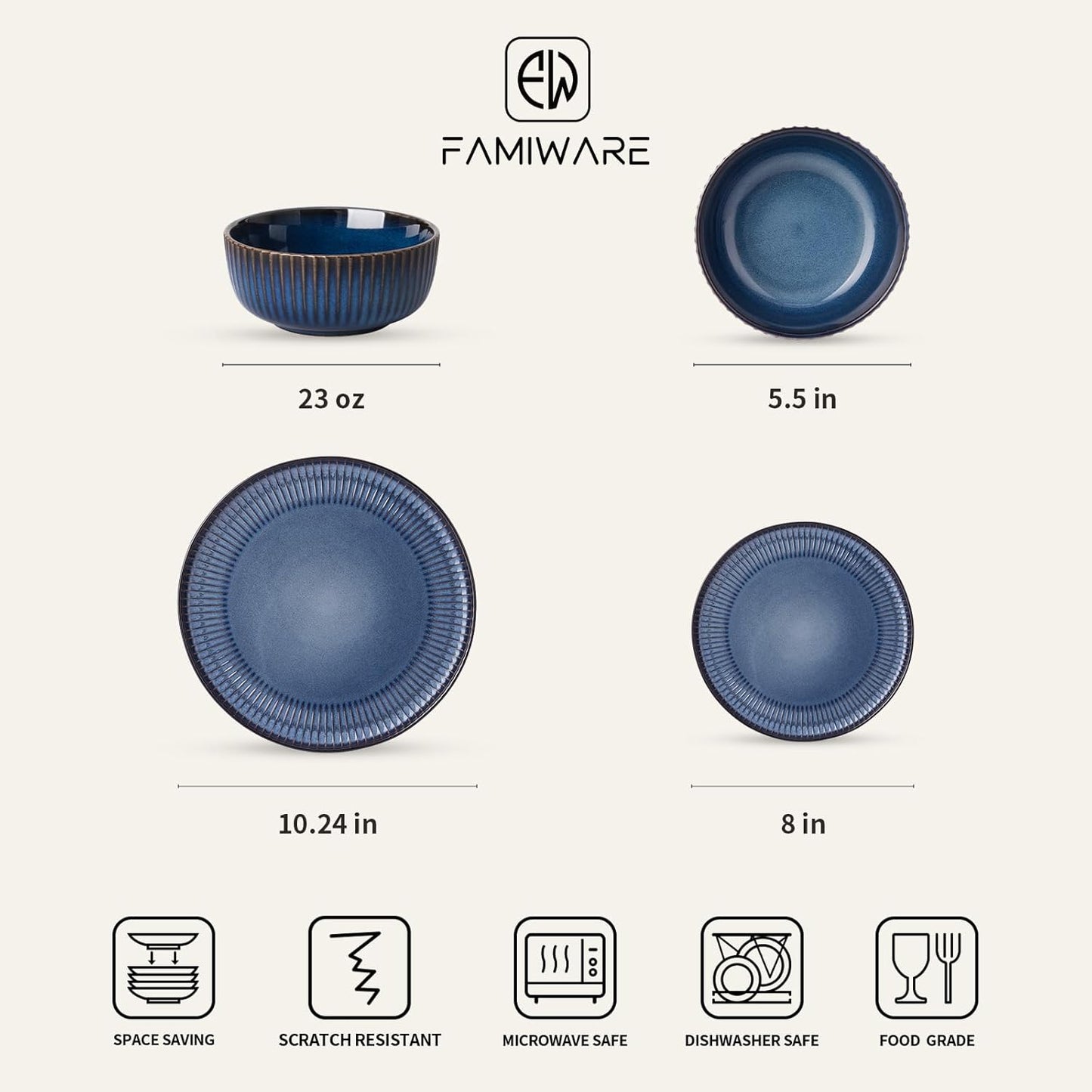 Famiware Starlight Dinnerware Sets, Plates and Bowls Dish Set of 4 (12 Pieces), Ribbed Textured Tableware - Dishwasher & Microwave Safe, Chip & Scratch Resistant, Reactive Glaze, Starry Blue