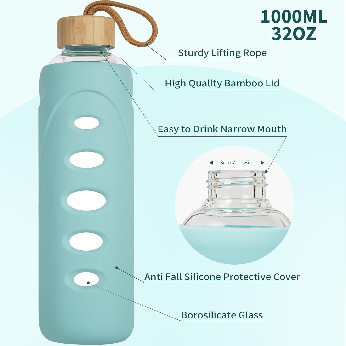 Sport 32oz Glass Water Bottle 1000ml /1 liter Borosilicate Glass Water Bottle Reusable Waterbottle Jugwith Silicone Sleeve and Unique Lid (Cyan