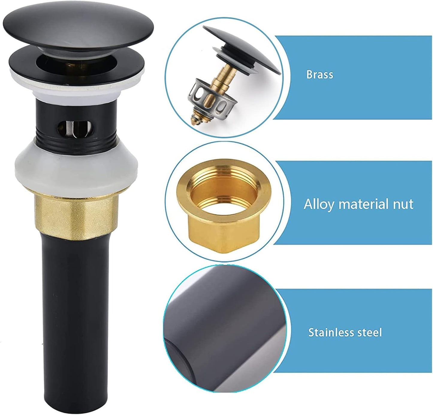 Bathroom Sink Drain,5 Pack Drain Stopper Bathroom Sink with Overflow,Pop Up Drain Assembly with Detachable Strainer Basket,Built-in Anti-Clogging Strainer,Stainless Steel Mattle Black