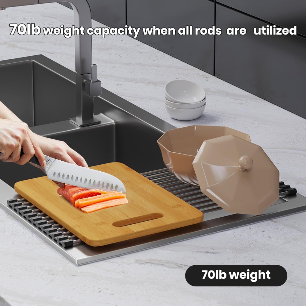 Roll Up Dish Drying Rack, Stainless Kitchen Accessories, Foldable Dish Rack, Anti-Slip Design Sink Counter Storage, Over The Sink Dish Rack, Stainless Steel, ((17.5" x 12") Black)
