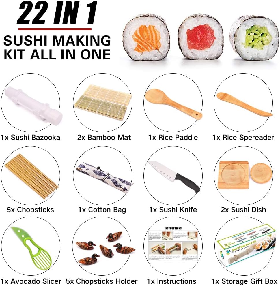 Sushi Making Kit, 22-in-1 Sushi Roller Kit with Bamboo Sushi Rolling Mat, Sushi Bazooka, Avocado Knife, Sushi Knife, Chopsticks, Sauce Dishes, Rice Spreader & More DIY Sushi Party Gift