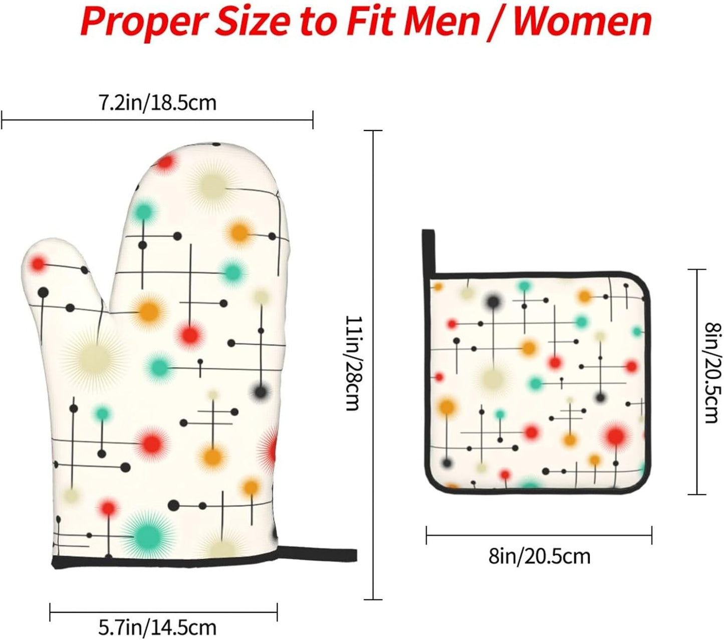 Mid Century Modern Oven Mitts and Pot Holders Sets of 3 Heat Resistant Non Slip Retro Kitchen Gloves Hot Pads for Cooking BBQ Grilling Baking