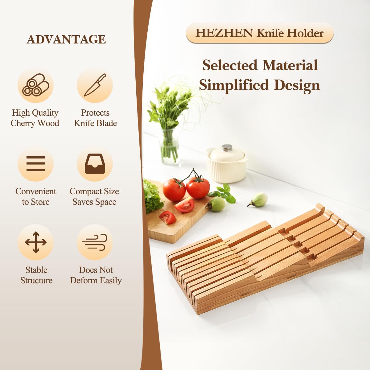 HEZHEN 11-slots Cherry Wood In-drawer Knife Tray,Knife Holder, Knife Block without Knives, Fit for 10 Knives and 1 sharpening rod