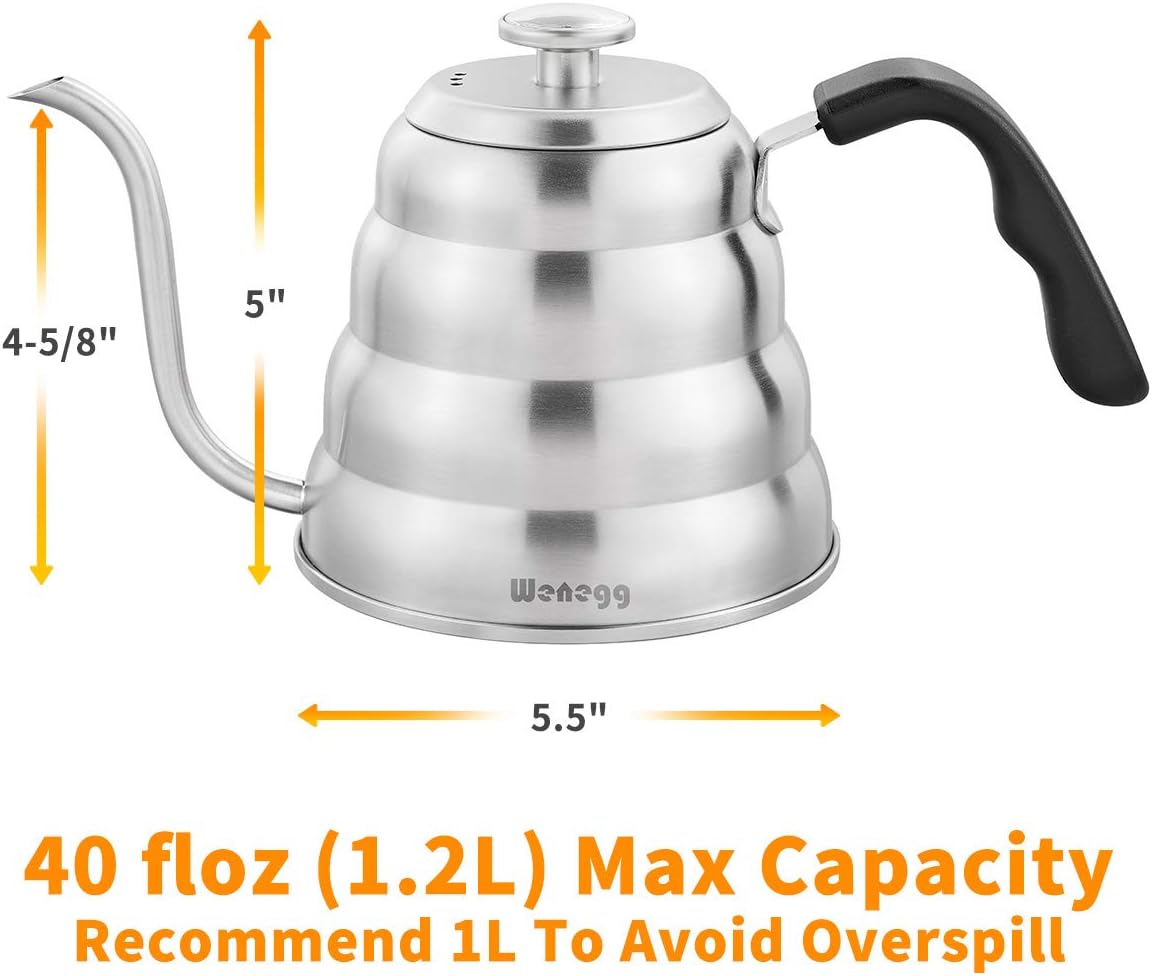 Pour Over Coffee Kettle with Thermometer for Exact Temperature 40 fl oz - Premium Stainless Steel Gooseneck Tea Kettle for Drip Coffee, French Press and Tea - Works on Stove and Any Heat Source