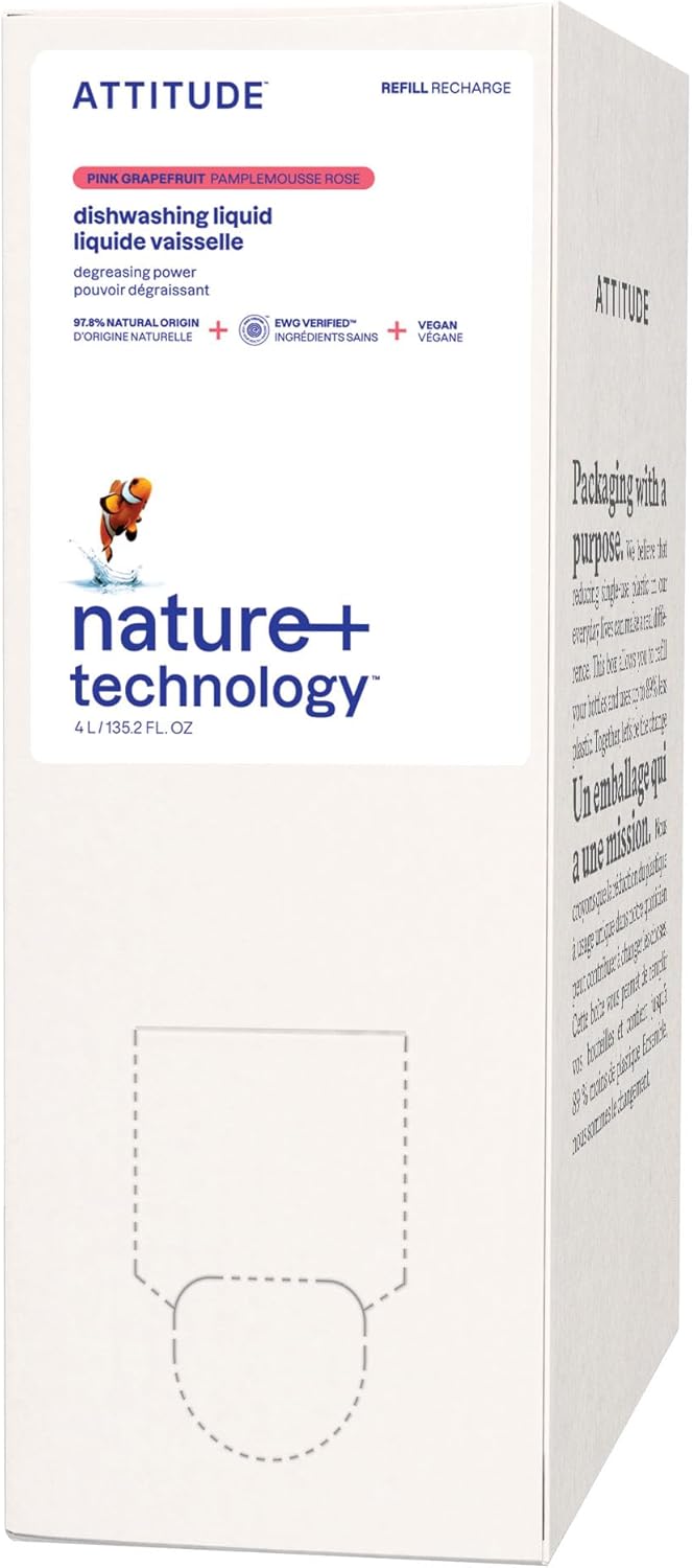 ATTITUDE Dish Soap Refill, EWG Verified, Plant-Based & Vegan Dishwashing Liquid, Naturally Derived, Pink Grapefruit, 135.3 Fl Oz