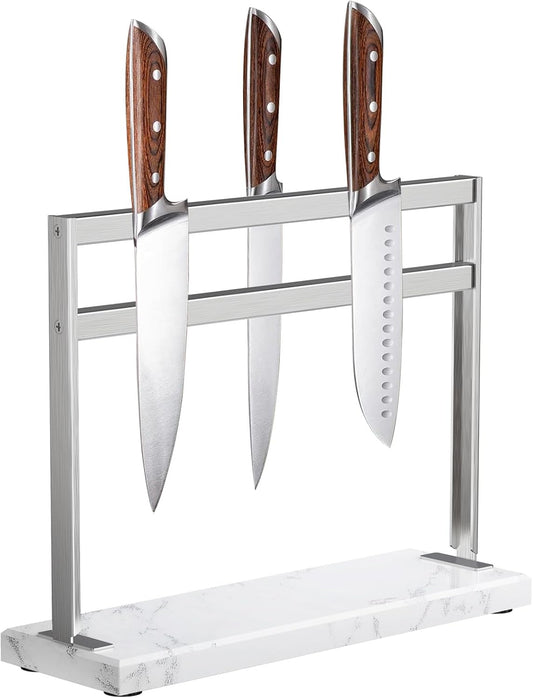 YIIYIIN Magnetic Knife Block with Marble Base - Double Sided Magnetic Knife Stand - Magnetic Knife Holder - Kitchen Knife Storage - Knife Holders for Counter Top - Marble White