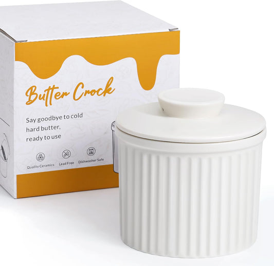 Large Butter Crock for Counter with Water Line, Butter Keeper, Ceramic French Butter Dish Holder for Fresh Spreadable Soft Butter (White, 8 Ounce)