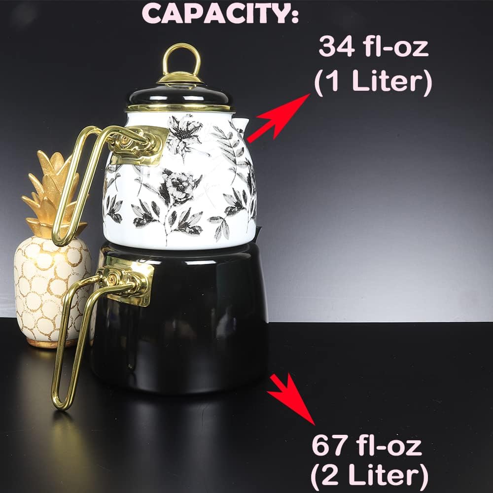 Vintage Turkish Teapot Tea Pots Kettle Set for Stovetop Stove Top Decorative Infuser Party Cups Glasses Floral Unique Boiler Samovar Strainer Loose Leaf Kitchen Style Enamel Decor (White-Black)