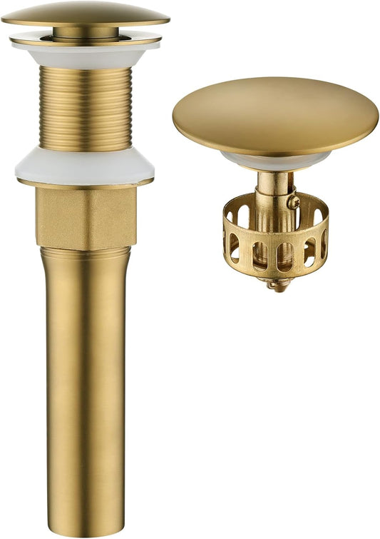 KAIYING Pop Up Drain, Bathroom Sink Drain Stopper, Vessel Sink Drain Assembly with Detachable Basket Stopper, Anti-Explosion and Anti-Clogging Drain Strainer (NO Overflow, Brushed Brass)