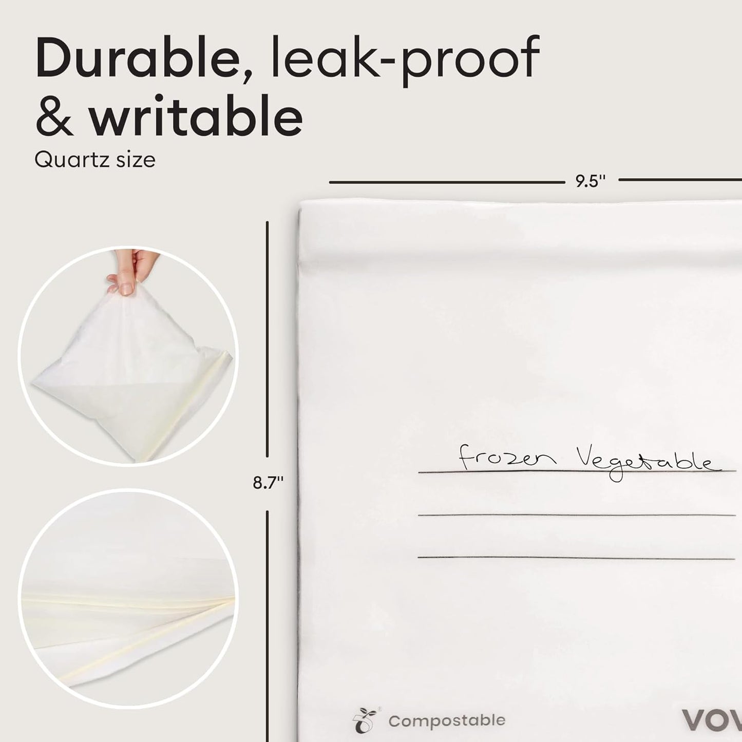 Vove Compostable Quart Bags, Large 30 Count – Freezer Safe, Leak Resistant, Non Toxic Food Storage for Leftovers & Meal Prep, Plastic-Free Eco Bags