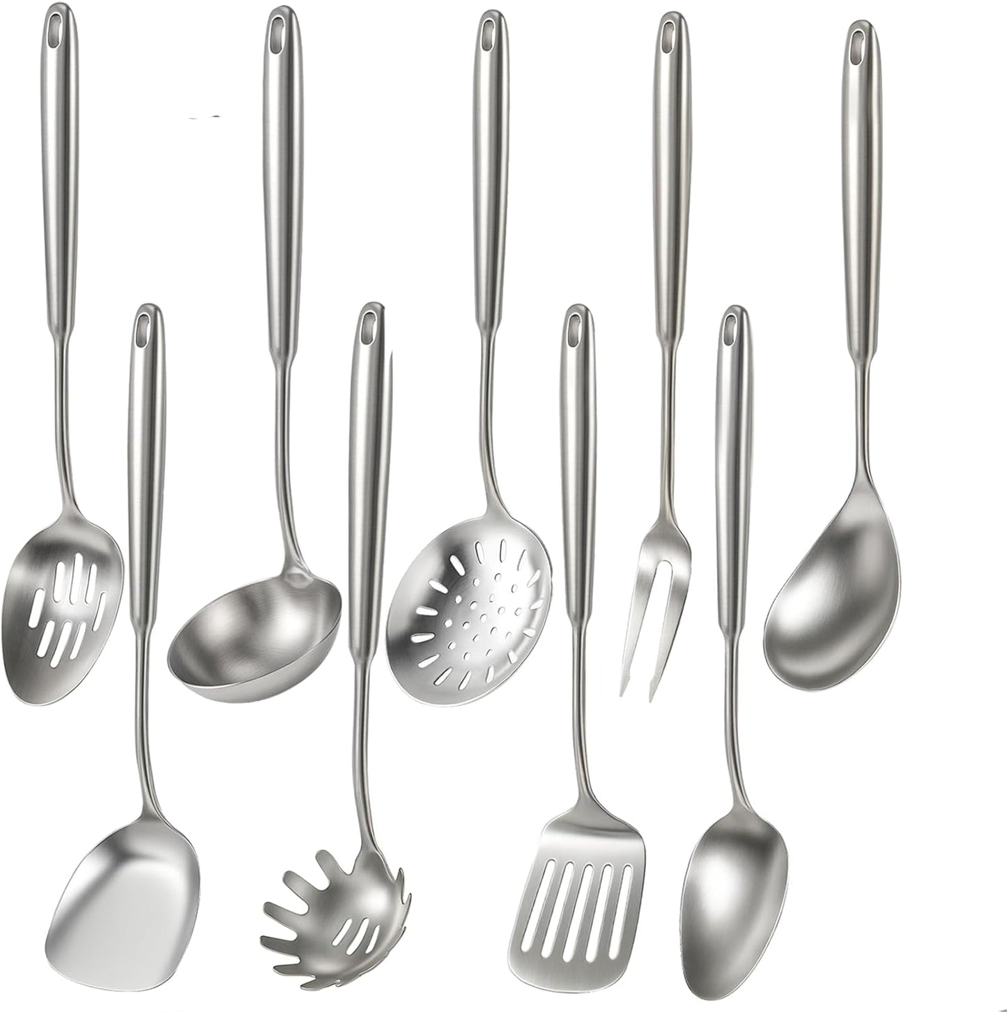 Newness 9 Pcs Cooking Utensils Set, 304 Stainless Steel Kitchen Utensils Set, Metal Kitchen Accessories, Include Soup Ladle, Slotted Skimmer Spoon, Spaghetti Spoon and Spatula, Dishwasher Safe