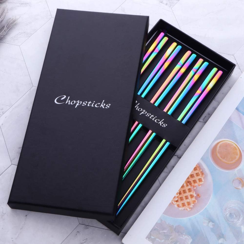 Buyer Star Rainbow Stainless Steel Chopsticks - 5-Pair Reusable Chinese Square Chopsticks