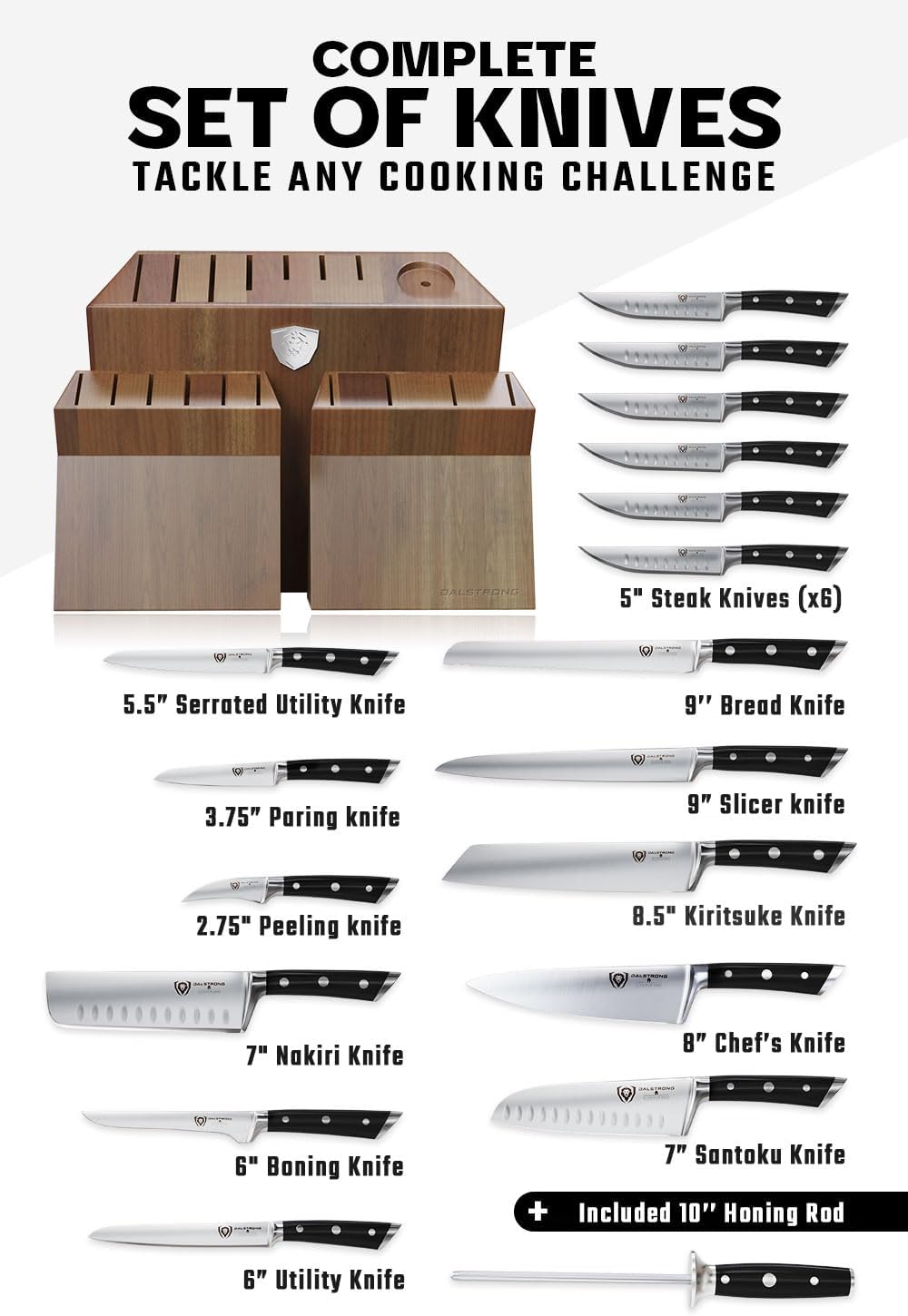 DALSTRONG Gladiator Series Elite-18pc Stainless Steel Knife Set with Block-High Carbon German Steel-Acacia Wood Block-Gift Knife Set w/Black Handles - NSF Certified