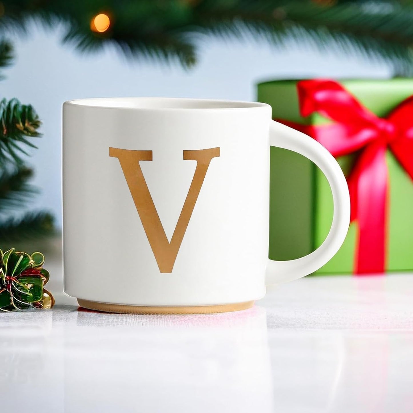 COLLECTIVE HOME - Monogram Ceramic Mugs, 15 oz Golden Initial Coffee Cups, Elegant Alphabet Tea Mugs, Elegant Personalized Mug with Gift Box, Unique Mug with Double Side Capital Letter (V)