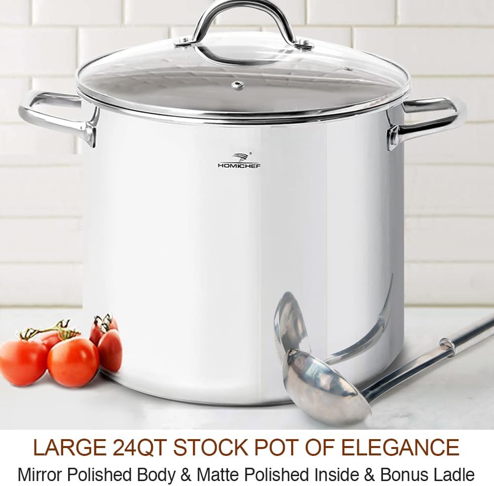HOMICHEF LARGE STOCK POT 24 Quart With Lid - Nickel Free Stainless Steel Cookware Stockpot 24 Quart - Healthy Cookware Polished Stockpots - Heavy Duty Induction Pot Soup Pot With Lid