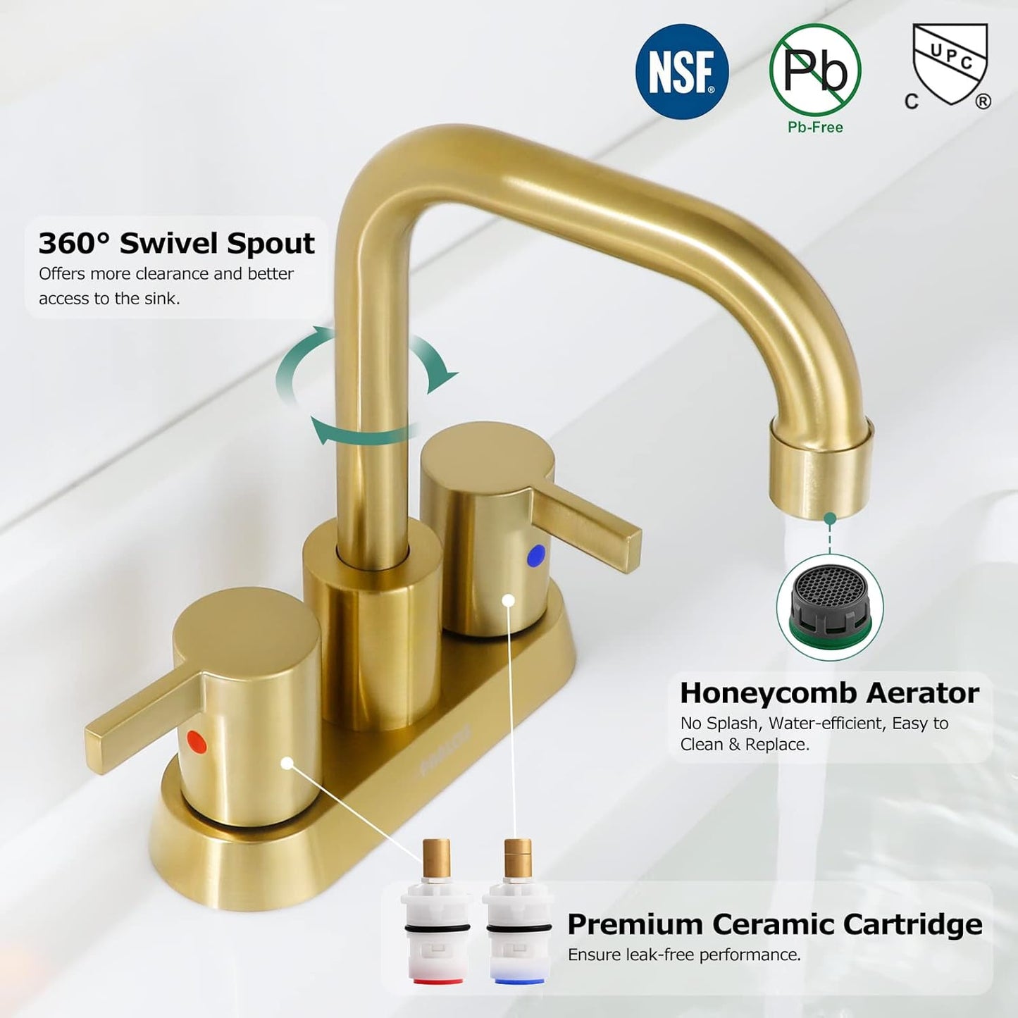 PARLOS 2-Handle Brushed Gold Bathroom Faucet for Lavatory with Pop-up Sink Drain and Faucet Supply Lines, 1431608