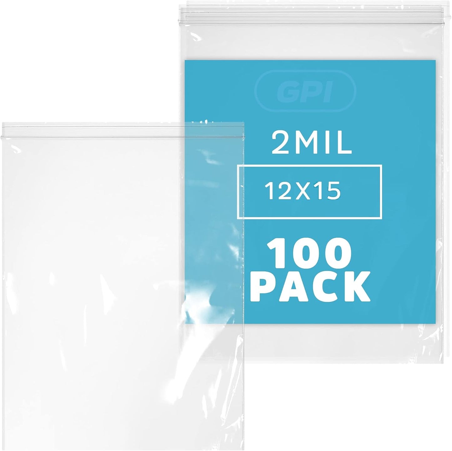 GPI PACK Of 100, 12" x 15" CLEAR PLASTIC RECLOSABLE ZIP BAGS - Bulk 2 mil Thick Strong & Durable Poly Baggies With Resealable Zip Top Lock For Travel, Storage, Packaging & Shipping