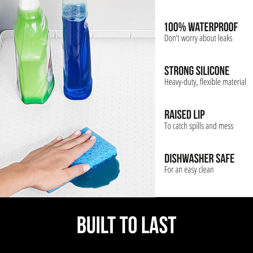 GORILLA GRIP Waterproof Silicone Under Sink Mat with Raised Lip for Kitchen and Bathroom, Cabinet Shelf Liner Stay in Place Mats Dishwasher Safe Drawer Liner, Organizer Tray, 15 x 22 in, White