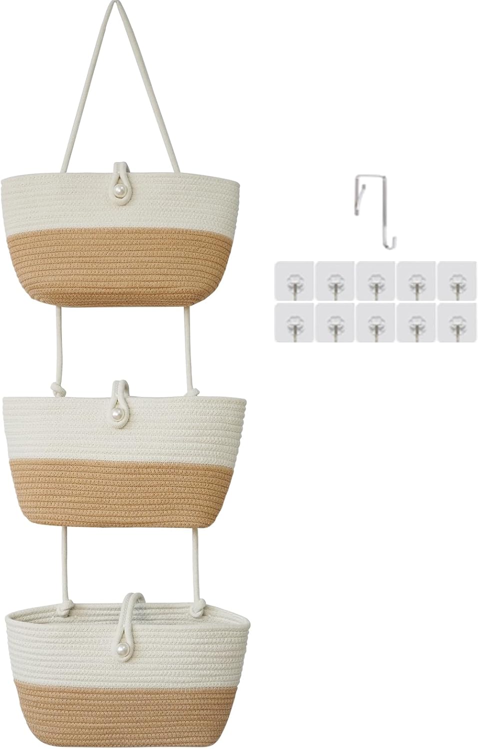 TeoKJ 3-Tier Hanging Baskets for Storage with Pearl Button Strap, Cotton Rope Over the Door Organizer, Wall-Mounted with Hook Decorative Hanging Kitchen Baskets, White & Jute