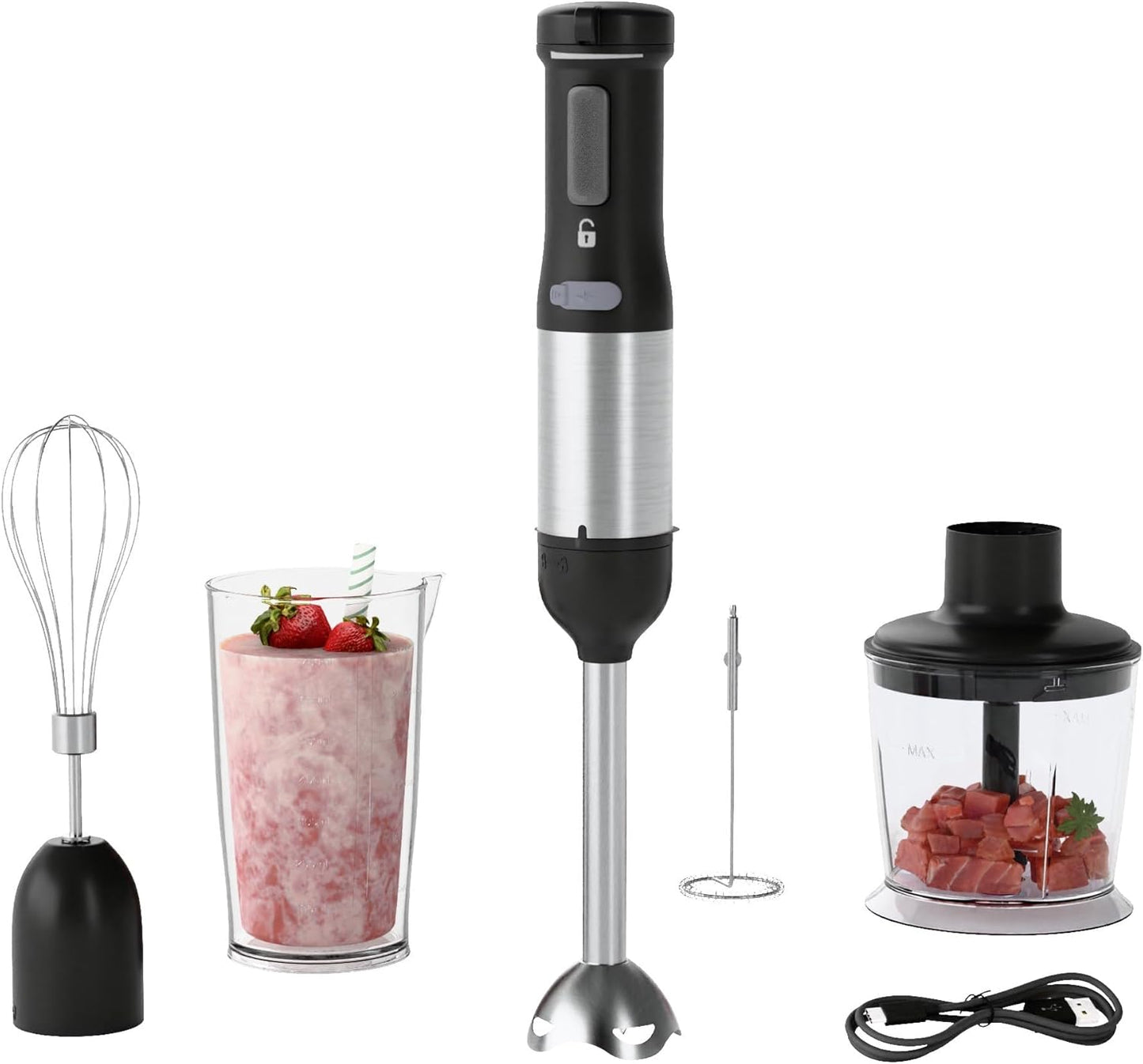 Cordless Immersion Hand Blender, 5-in-1 Variable Speed blender handheld,Rechargeable with 2000mAh Battery, BPA-Free & Dishwasher-Safe Accessories:700ml Beaker,Chopper,Whisk & Milk Frother,Black