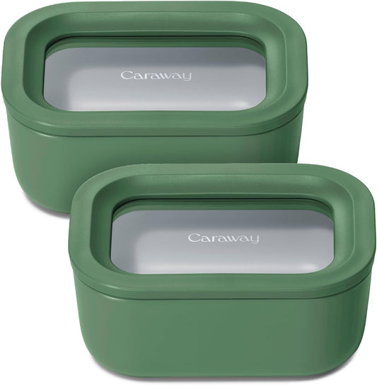 Caraway 2pc Glass Food Storage Set - 2.6 Cup Food Containers (2) - Non-Toxic Ceramic-Coated Glass - Air Release Technology - Compact & Stackable Design - Sage