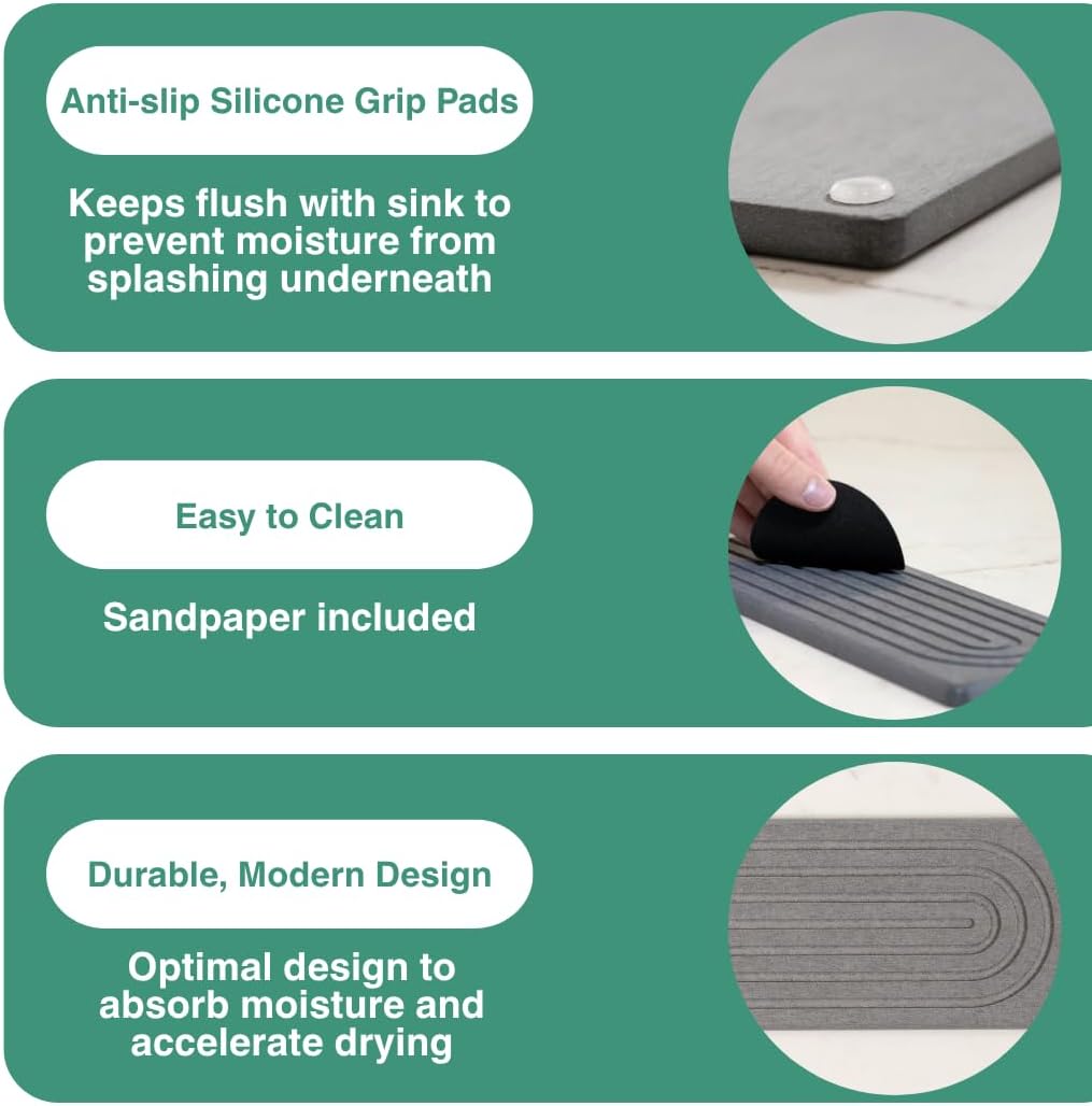 Drying Stone Faucet Mat for Kitchen Sink | Diatomite Sink Tray | Super Absorbent Quick Drying Stone Mat | Kitchen Tray for Counter | Faucet Splash Guard for Bathroom Counter (Dark Gray, 23.6" x 3.9")