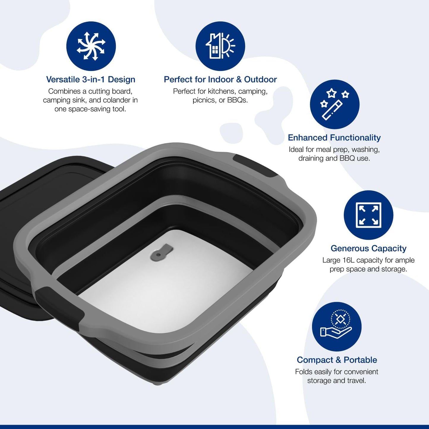 2-Pack XL Collapsible BBQ Prep Tub with Built-In Cutting Board, Lid & Strainer – Marinate, Drain & Prep – Large Food-Safe Container – Perfect for Grilling, Smoking & Outdoor Cooking (Black)