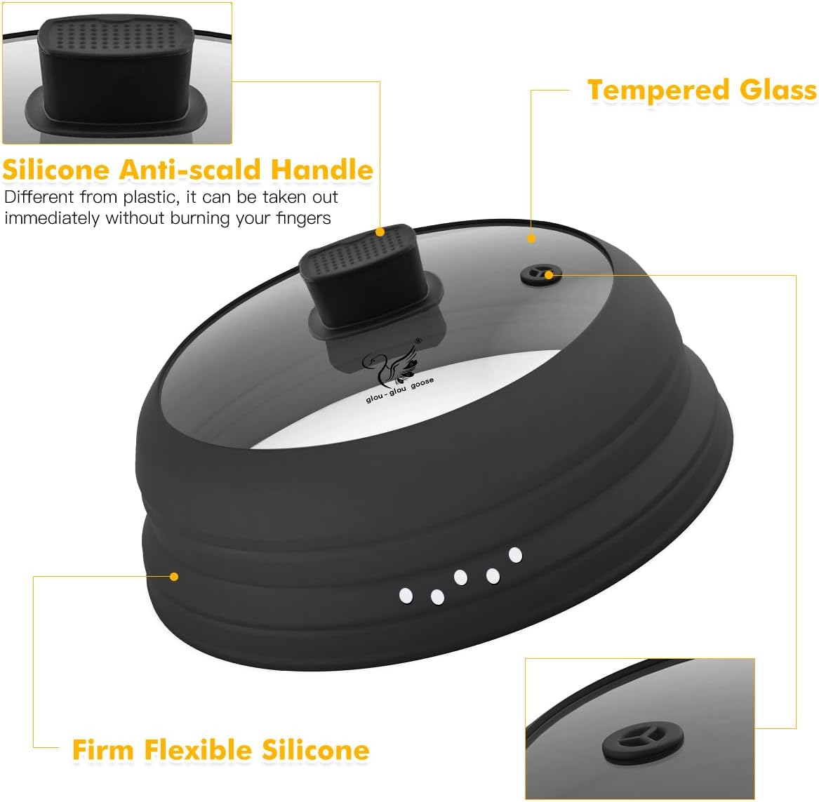 Microwave Splatter Cover Glass Cover Guard Lid with Collapsible Silicone for Food Pot Plate Cover 10.8 inch Black