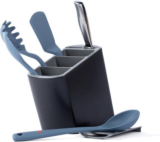 Angled Utensil Holder for Countertop | Modern Utensil Caddy Fits All Size Utensils with Knife Holder | Under Cabinet Kitchen Tool Organizer | Space-Saving Cooking Utensil Holder | Built-in Spoon Rest