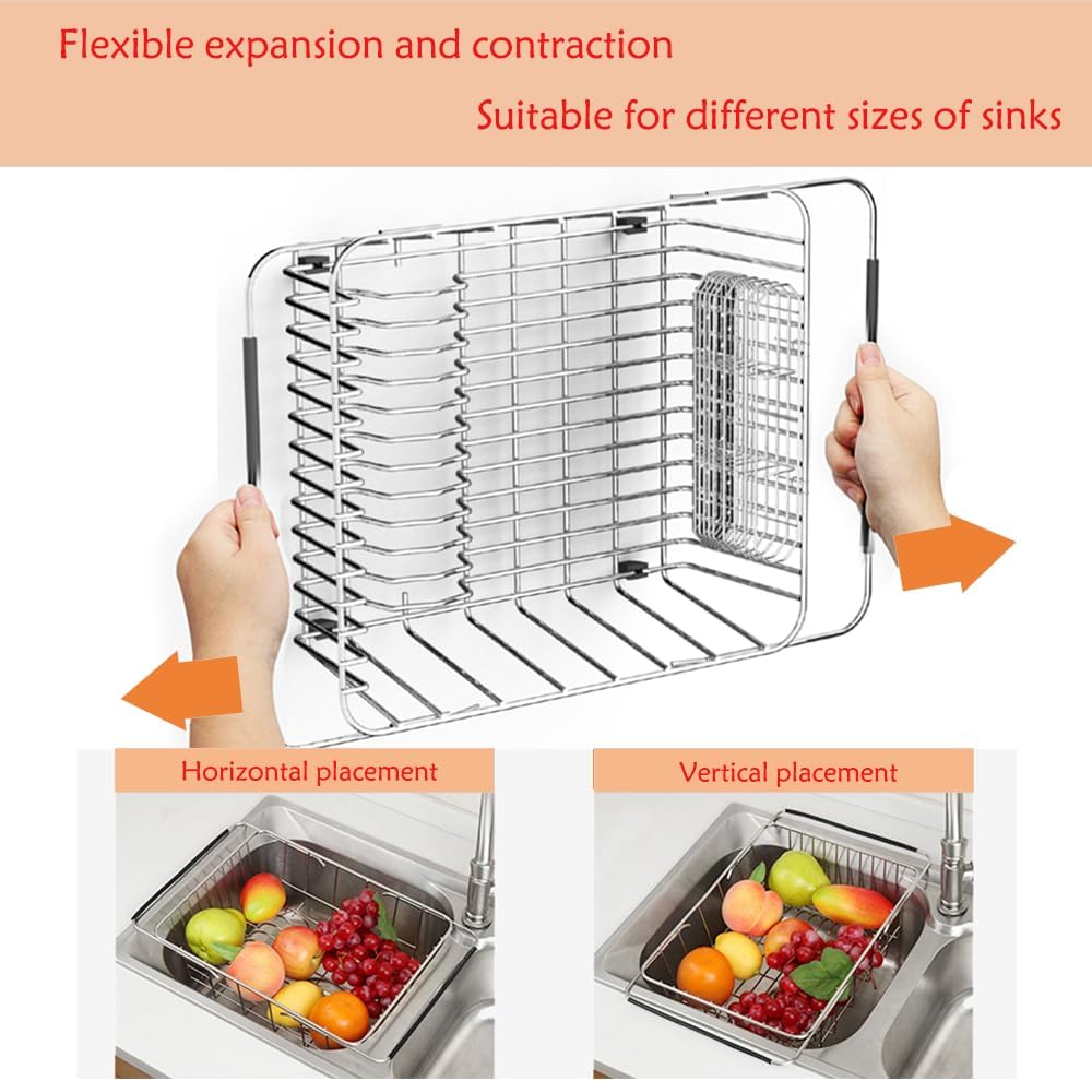 Stainless Steel Dish Drying Rack(15.2"L X 11"W X 5.3"H), Expandable Fruit & Vegetable Drain Rack over Sink, Dish Drainer Rack in Sink, with Stainless Steel Utensil Holder & Silicone Mat(16")