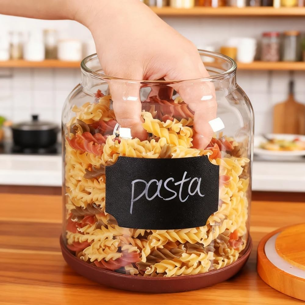 SAIOOL 2PCS Large Glass Storage Jars with Wooden Lids,Airtight Food Storage Containers, 3mm Thick Glass Kitchen Pantry Organization, Laundry Detergent Pods, with Scoop & Labels (67 FL OZ/2000 ml)