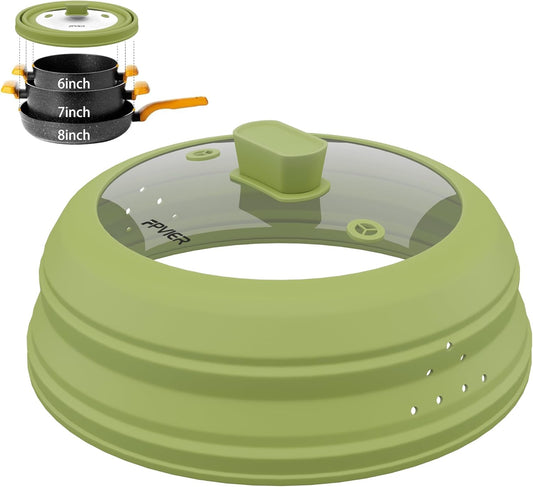 Microwave Splatter Cover, Vented Silicone and Glass Cover Splatter Guard Lid, Food Collapsible Plate Cover Lid with Easy Grip Handle. (Green, 9 inch)