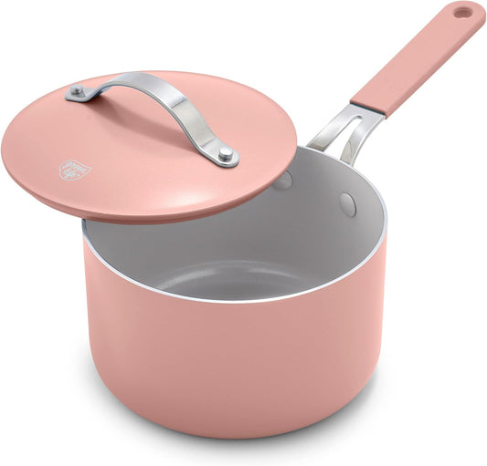 GreenLife 2 Quart Nonstick Saucepan with Lid, Lightweight Healthy PFAS-Free Milk Pan, Dishwasher & Oven Safe Soup Pan, Durable Body, Silicone Stay-Cool Handle, Easy Release Chef’s Pan, Pink