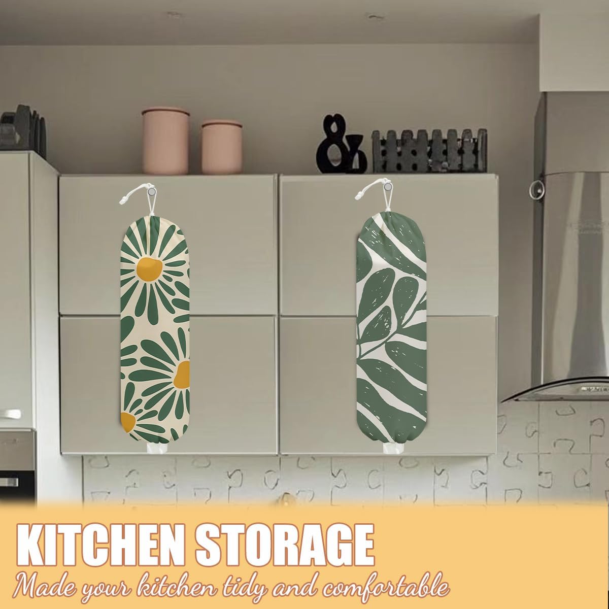 2 Pcs Botanical Plastic Bag Holder, Wall Mount Grocery Bag Holder for Plastic Storage bag, Washable Floral Grocery Bags Organizer Storage Dispenser, Pull Rope Free Adjustment, Flower Gifts for Women