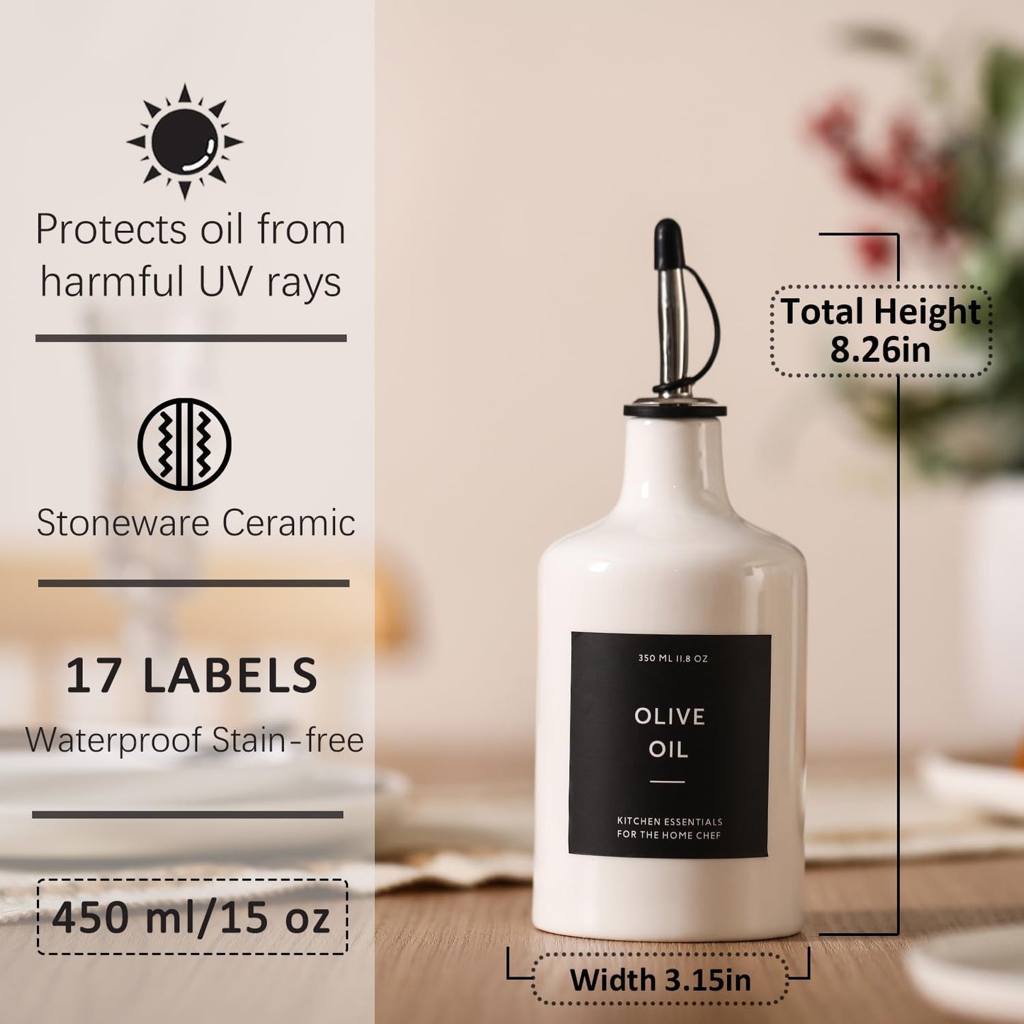 HOMCDALY Ceramic Olive Oil Dispenser Bottle, 16oz Oil Dispenser Bottle for Kitchen, Oil Container, Kitchen Oil Dispenser（White）