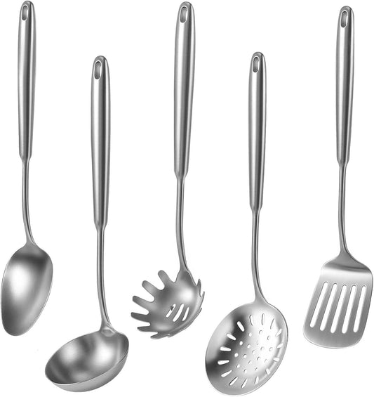 5 Pcs Newness Cooking Utensils Set, 304 Stainless Steel Kitchen Utensils Set, Metal Kitchen Accessories, Include Soup Ladle, Slotted Skimmer Spoon, Spaghetti Spoon and Spatula, Dishwasher Safe