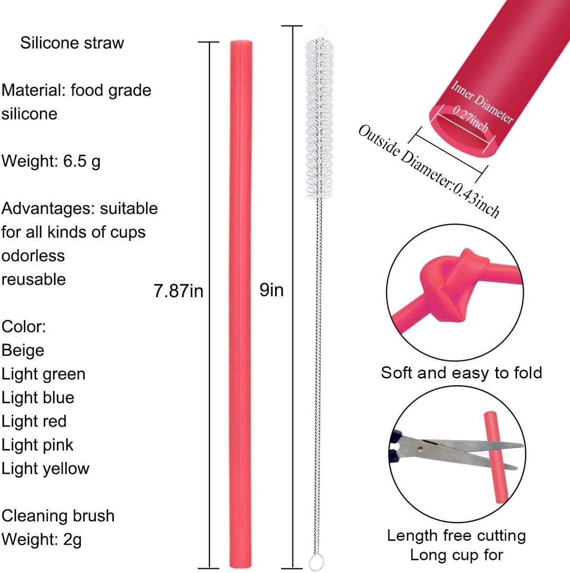 12 Pcs Eco Friendly Silicone Straws with 2 cleaning Brushes,Reusable Silicone Drinking Straws,for 20oz Tumblers,Yeti, Ozark, (Pure Multicolor, 7.87 inches)