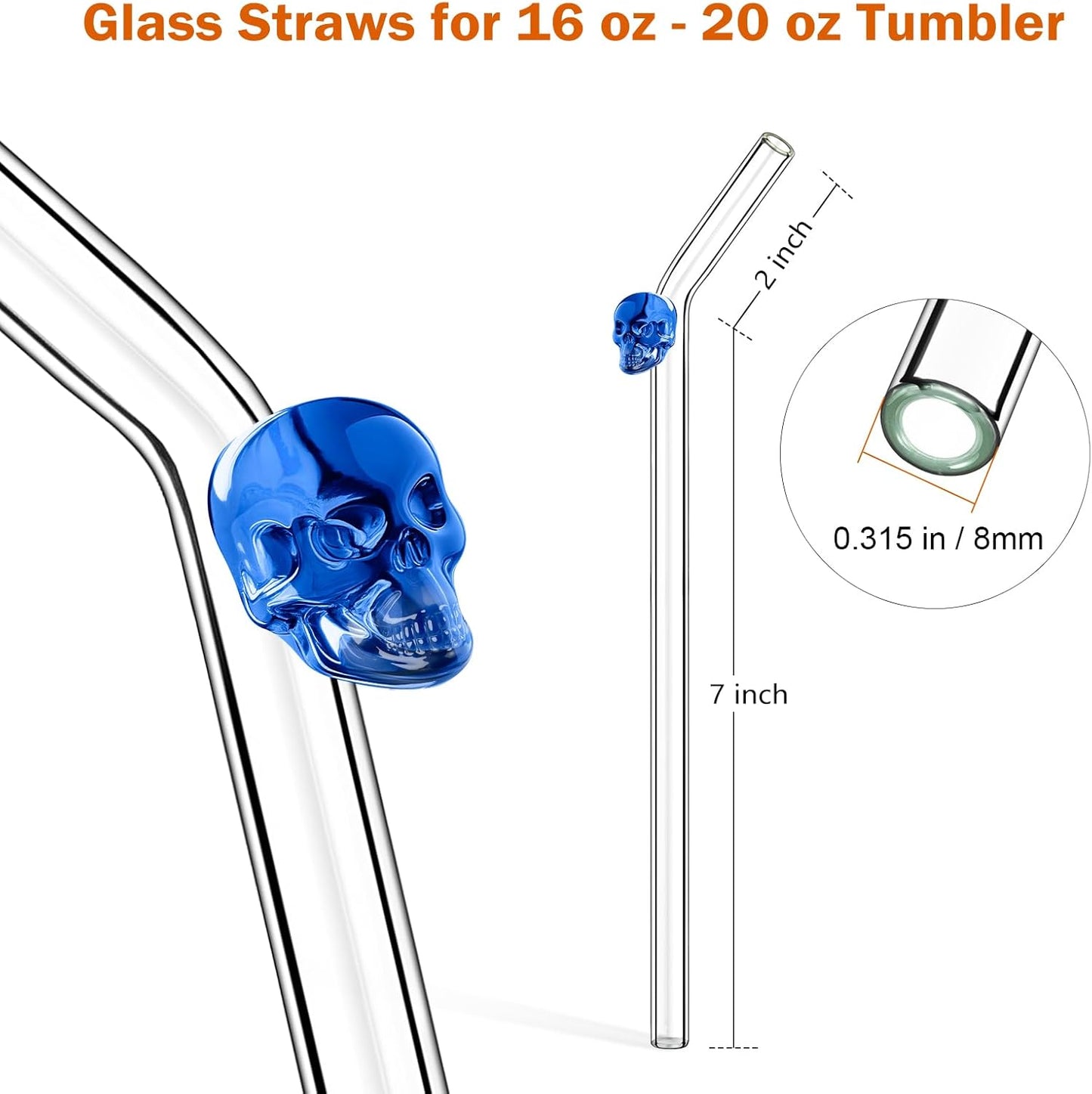 Reusable Halloween Straws with Charms - Skull Design, 9 Inch 8mm Skinny Bent Glass Straws for 16 oz Glass Cups - Cute Clear Drinking Straws for Iced Coffee, Cocktail & Milk Drinks